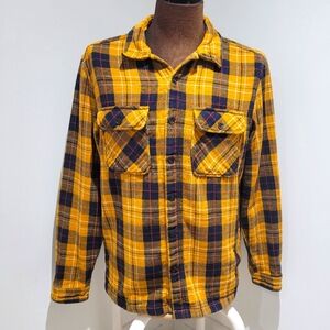 Topman Fully Lined Cotton Plaid Button Down Overshirt Size Medium Orange Blue